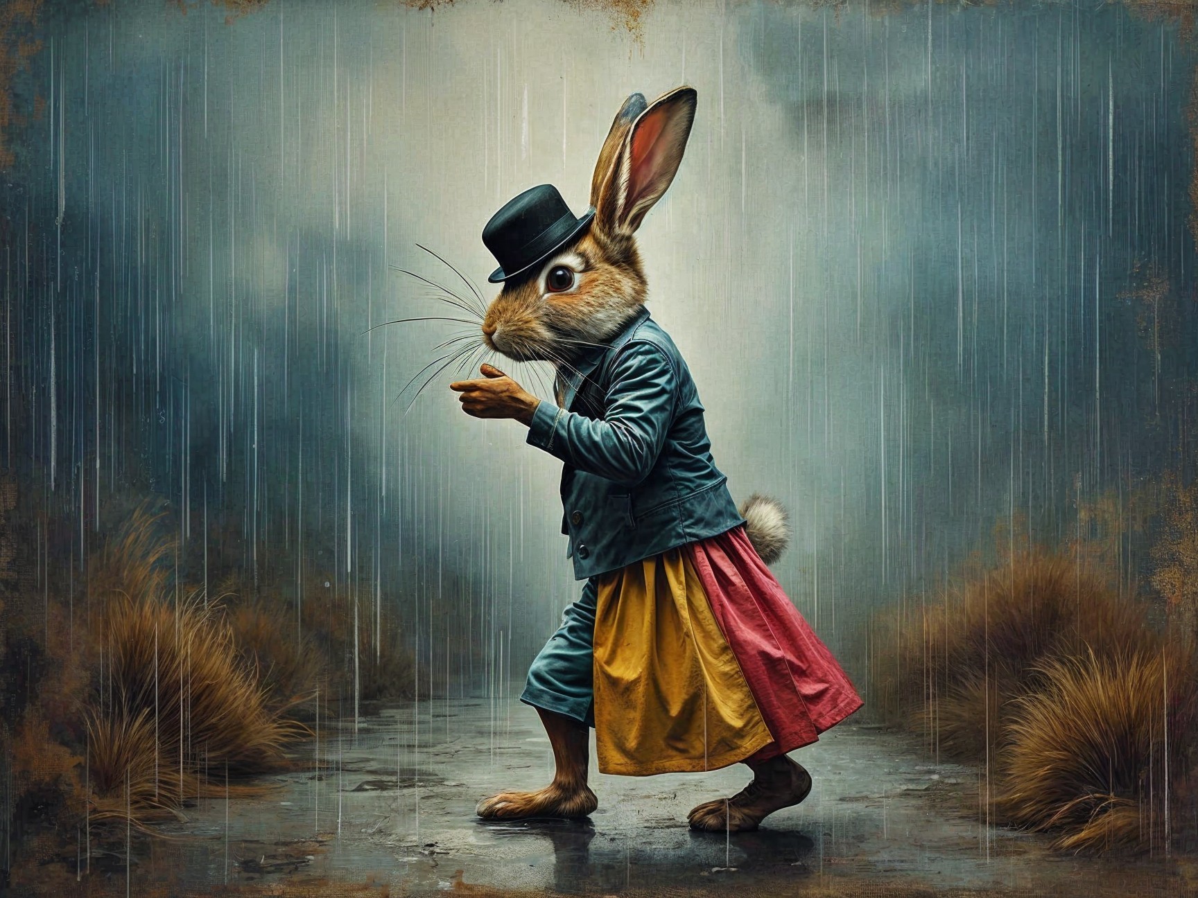 Whimsical Rabbit in Stylish Outfit in Rainy Landscape