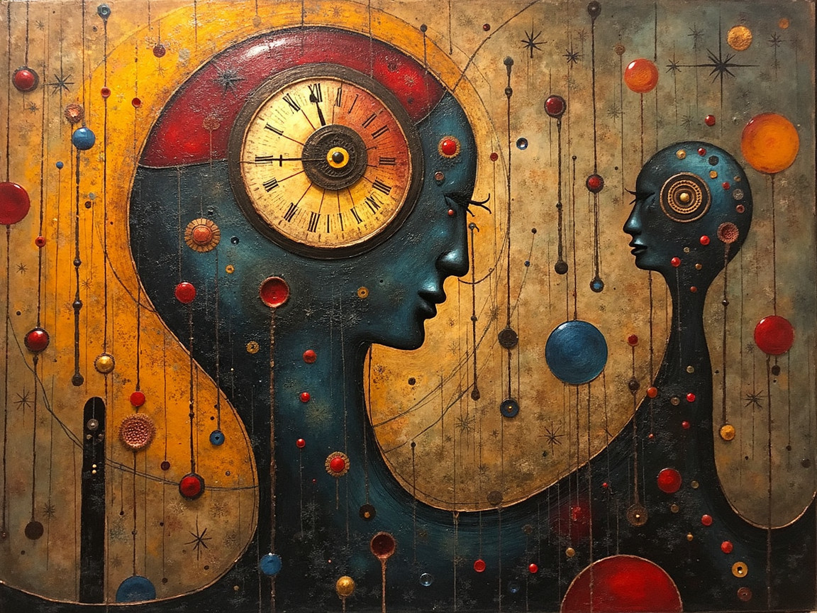Abstract Human Figures with Clock and Celestial Elements