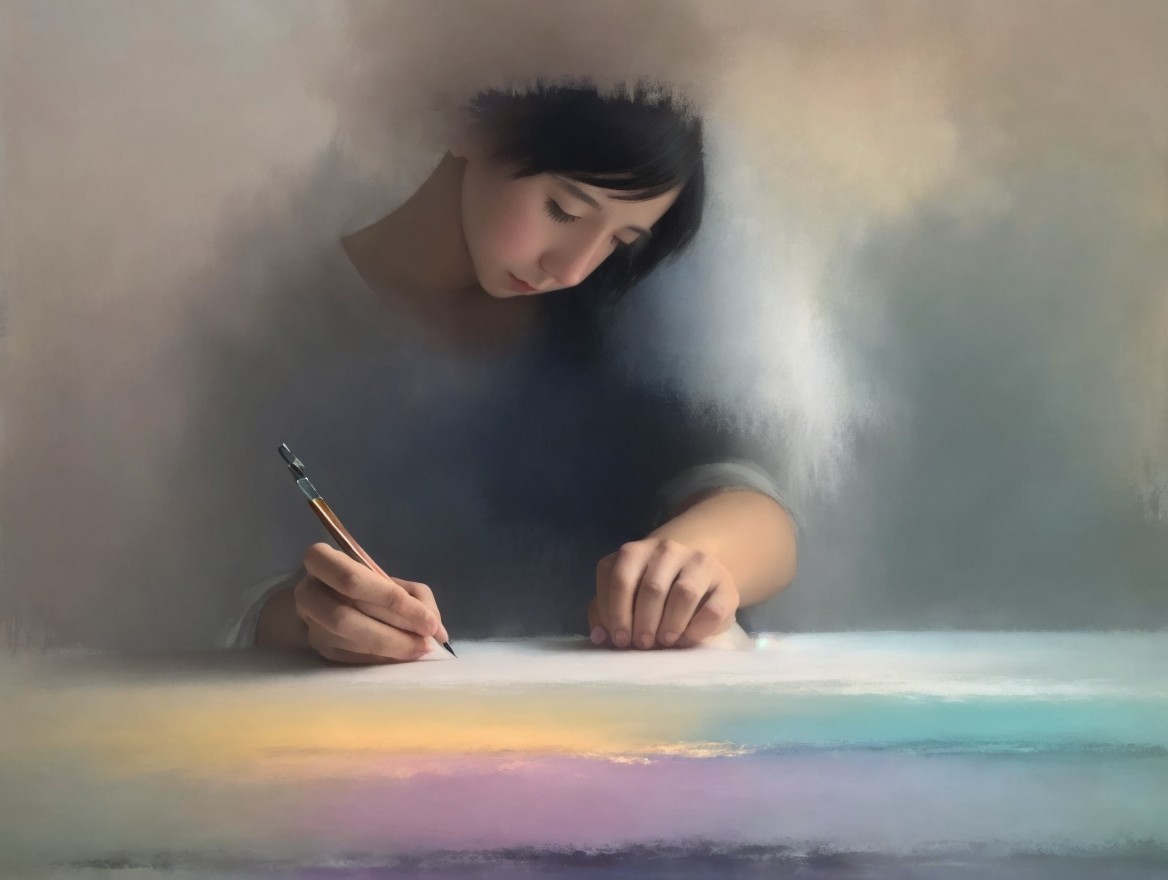 Young girl writing with pencil in dreamy atmosphere