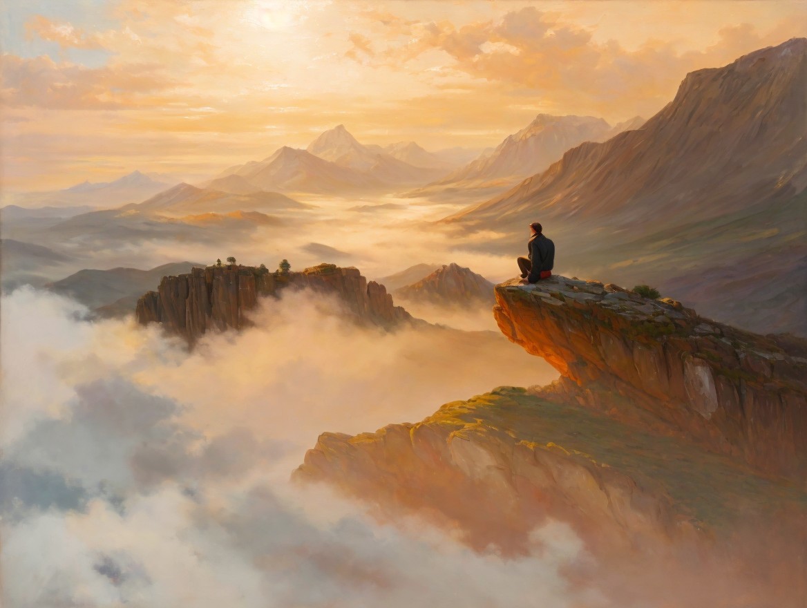 Serene Sunset Landscape with Misty Hills and Mountains