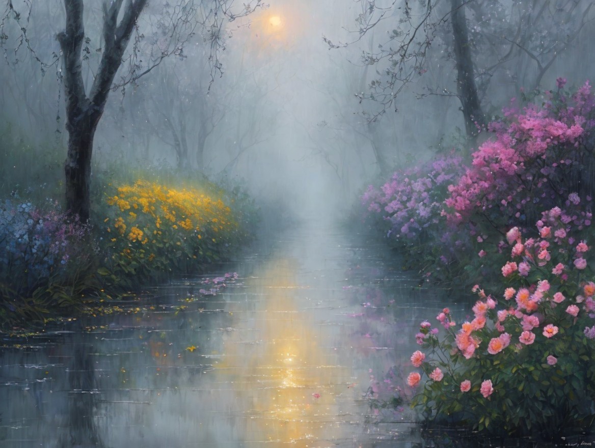 Tranquil Misty Landscape with Serene River and Flowers