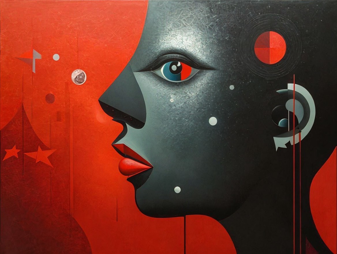 Profile of a Face with Abstract Shapes on Red Background