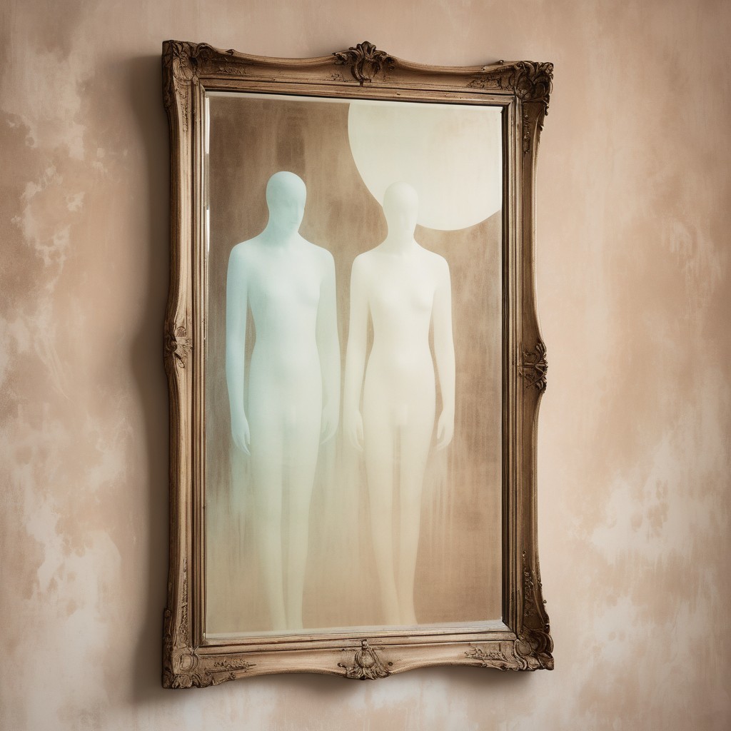 Vintage Mirror with Abstract Mannequins and Dreamy Light