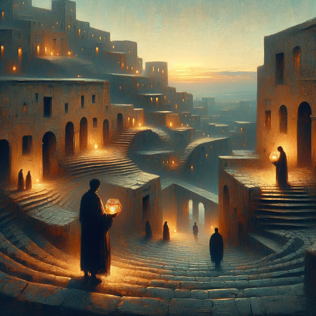 Surreal Twilight Landscape with Ancient Stone Buildings