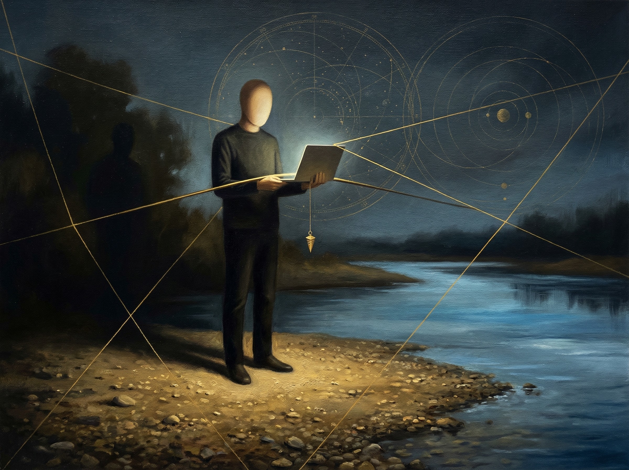 Dark Oil Painting of Faceless Figure by Calm River