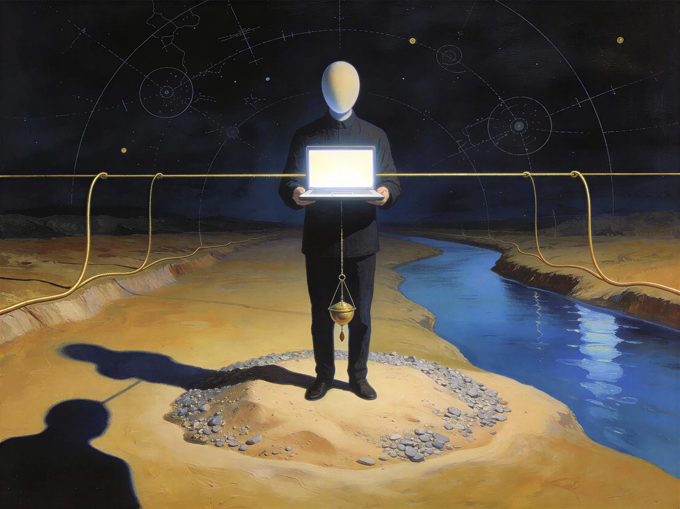 Surreal Painting of Faceless Figure with Glowing Laptop