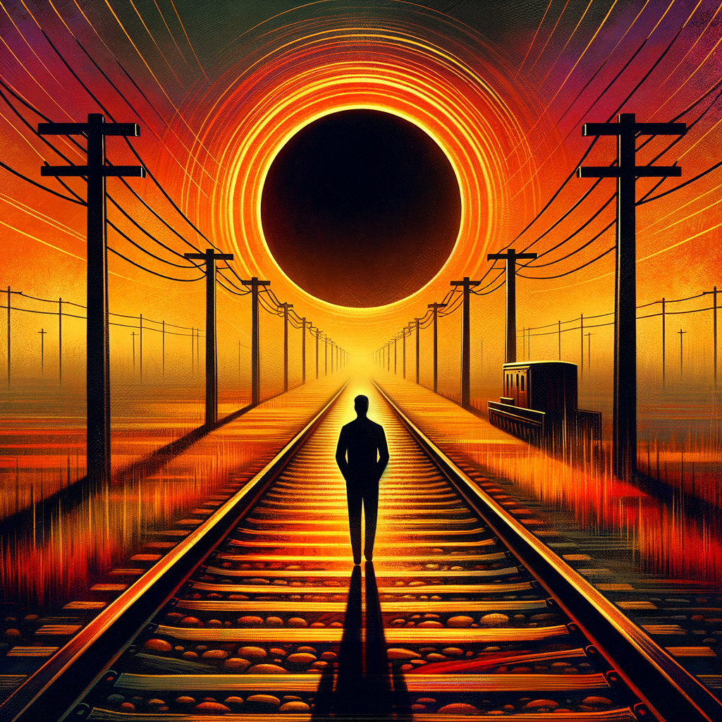 Silhouetted Figure on Railway Track During Solar Eclipse