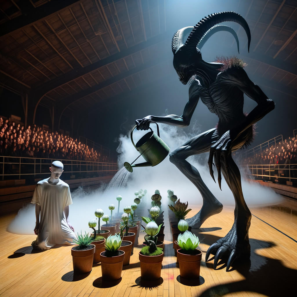 Horned Creature and Humanoid Tend to Plants in Mist