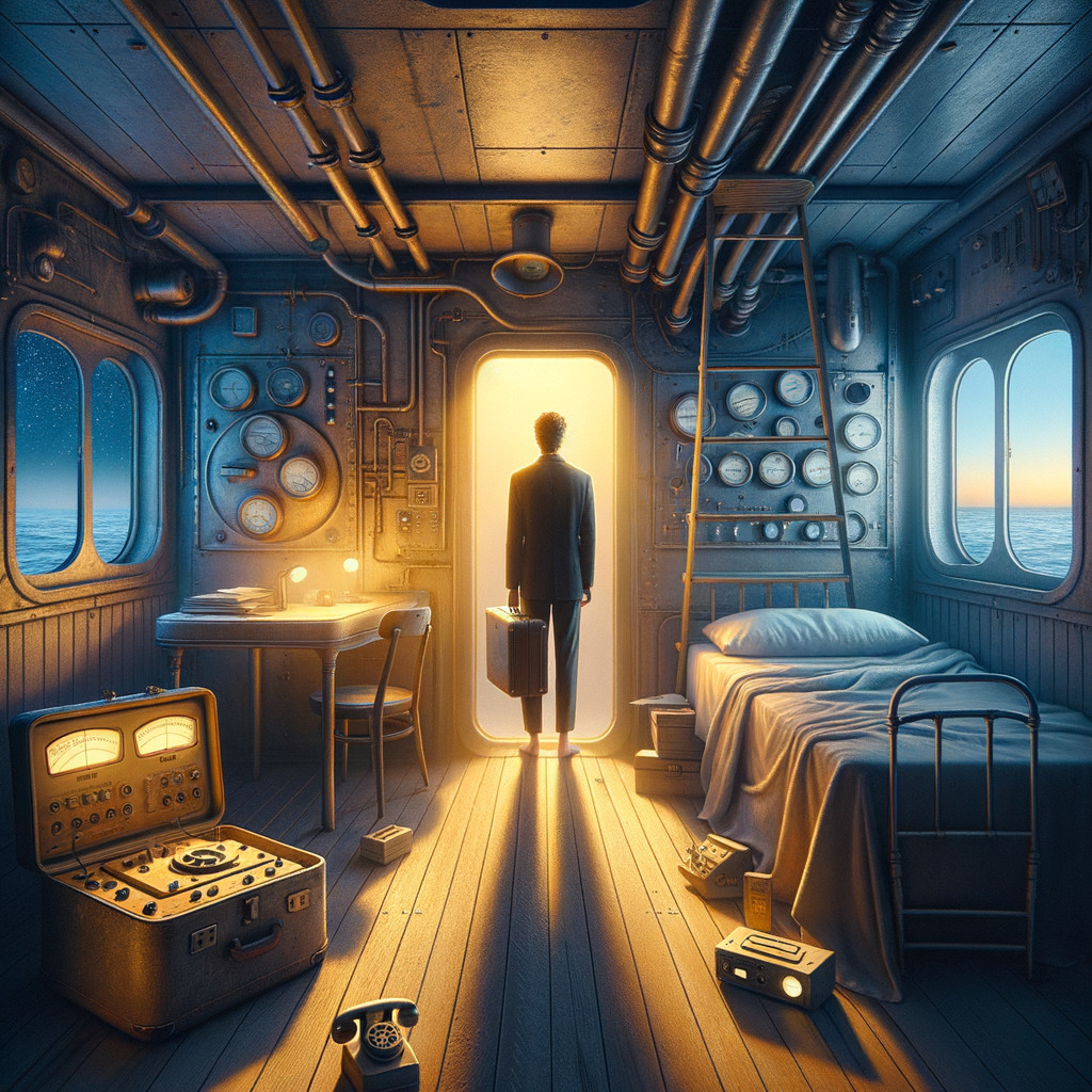 Solitary Figure at Open Door with Steampunk Elements