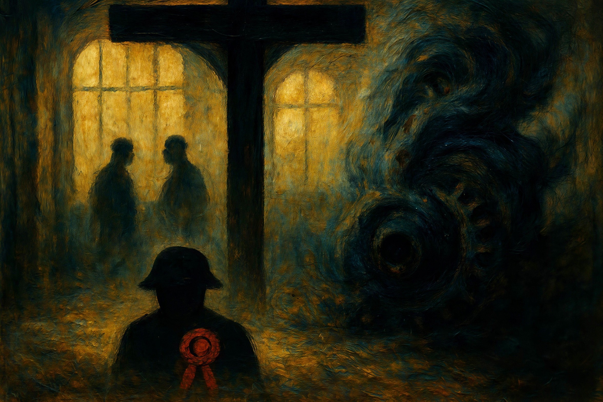 Dark Eerie Scene with Man and Friends at Window