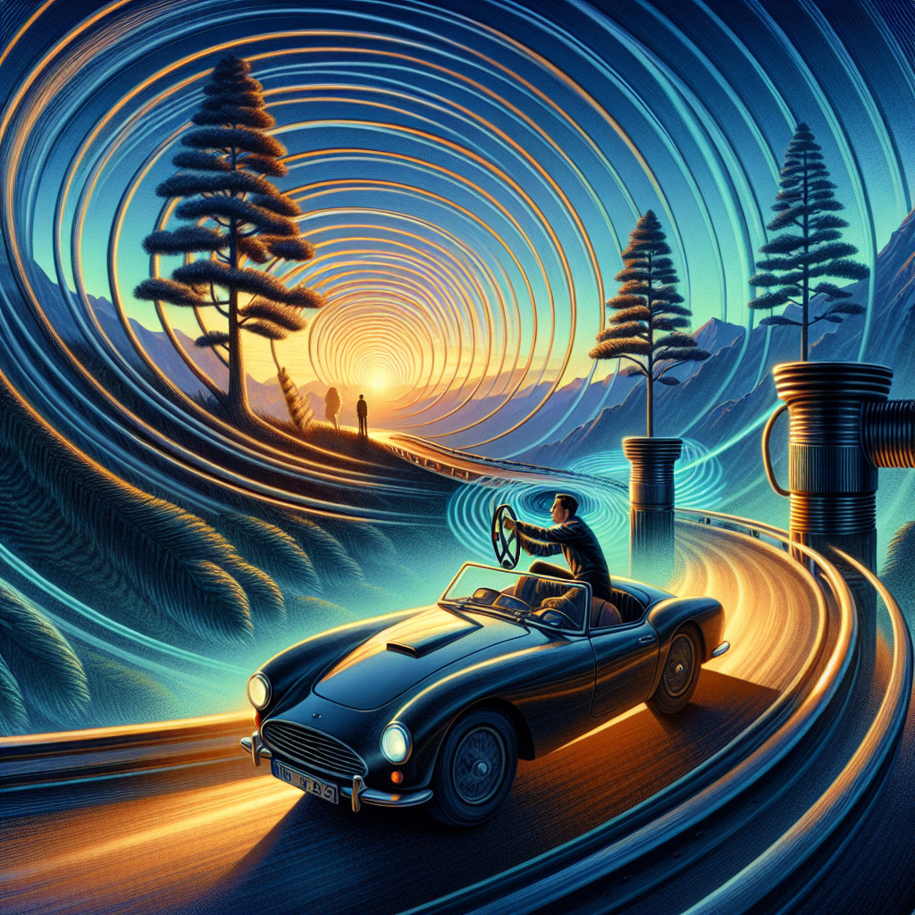 Black Convertible on Winding Road at Sunset