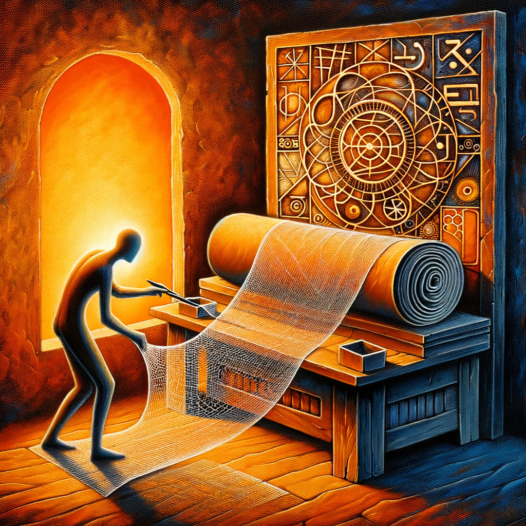 Solitary Weaver at Loom with Ancient Symbol Wall
