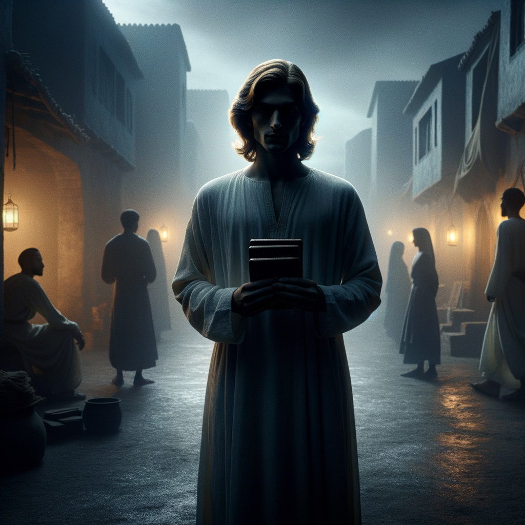 Ancient Marketplace with Figure in White Robe and Book