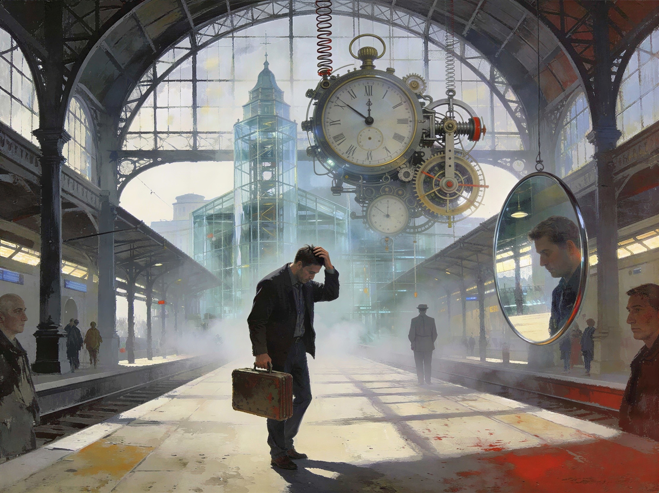 Man in Dark Suit on Desolate Train Platform Scene