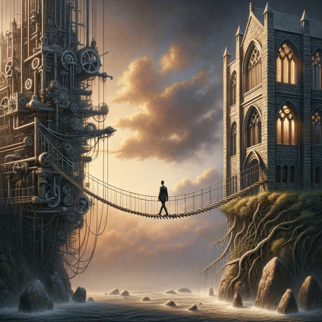 Surreal Landscape with Steampunk and Gothic Structures
