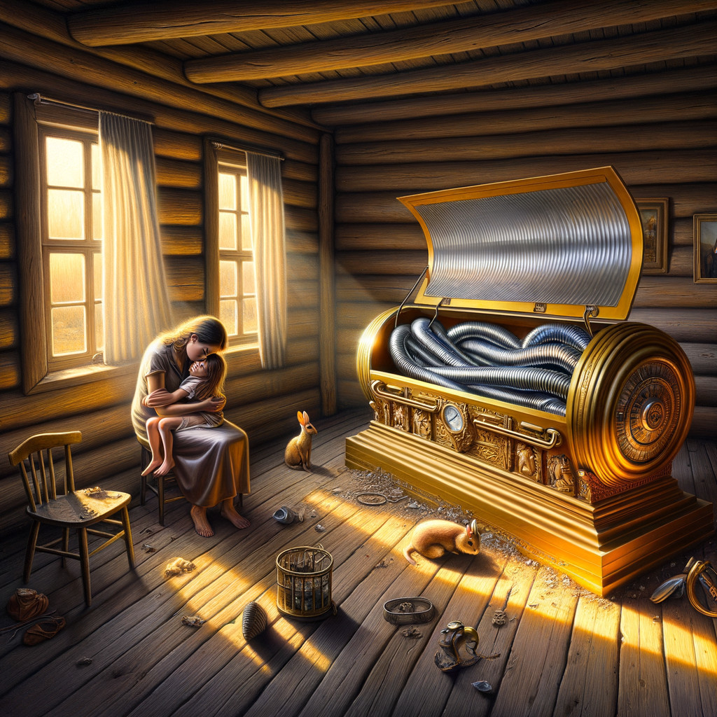 Cozy Cabin Scene with Mother and Child in Sunlight