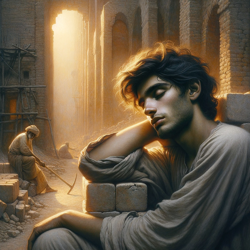 Serene Young Man in Ancient Courtyard Setting