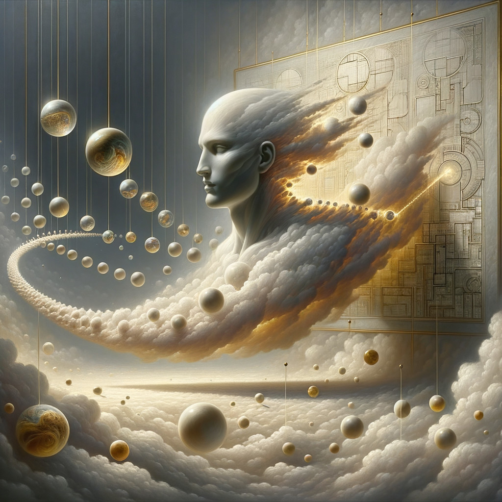 Surreal Scene of Ethereal Head and Celestial Spheres