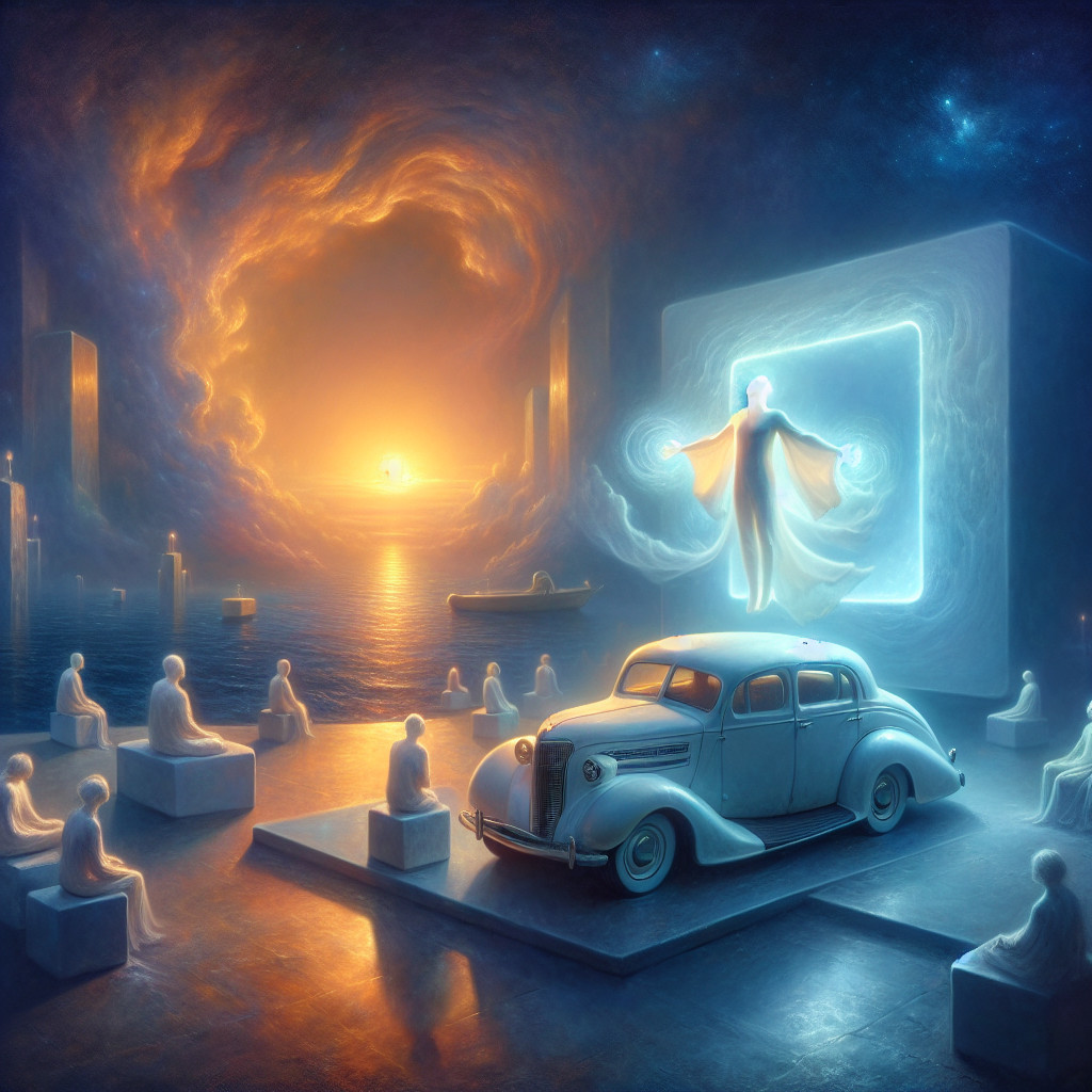 Surreal Landscape with Vintage Car and Abstract Figures