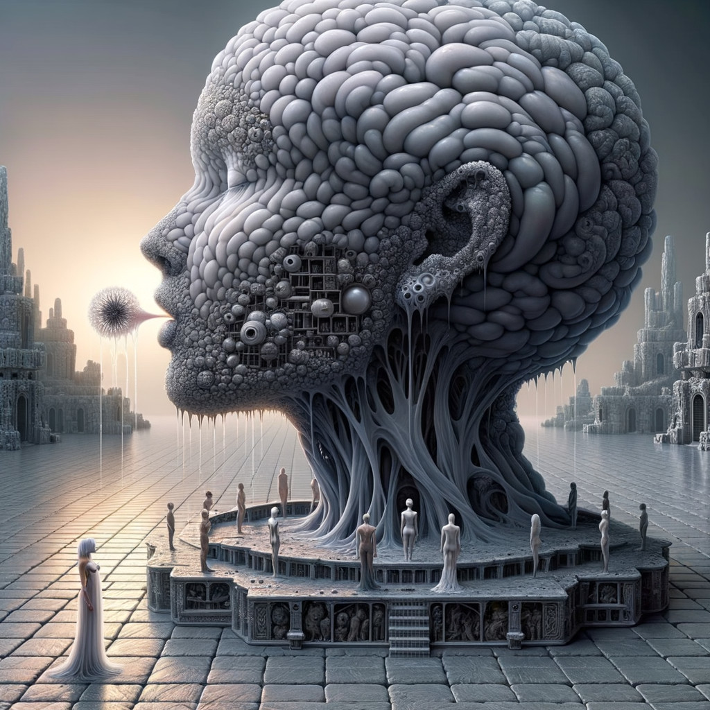 Surreal Landscape with Giant Humanoid Head and Structures