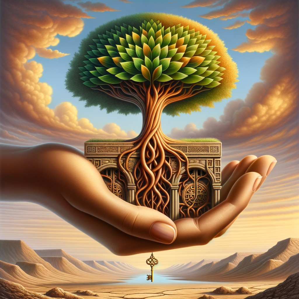 Giant Hand Cradles Box with Blooming Tree and Key