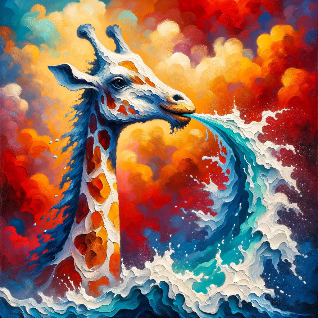 Surreal Painting of Giraffe Emerging from Ocean Wave