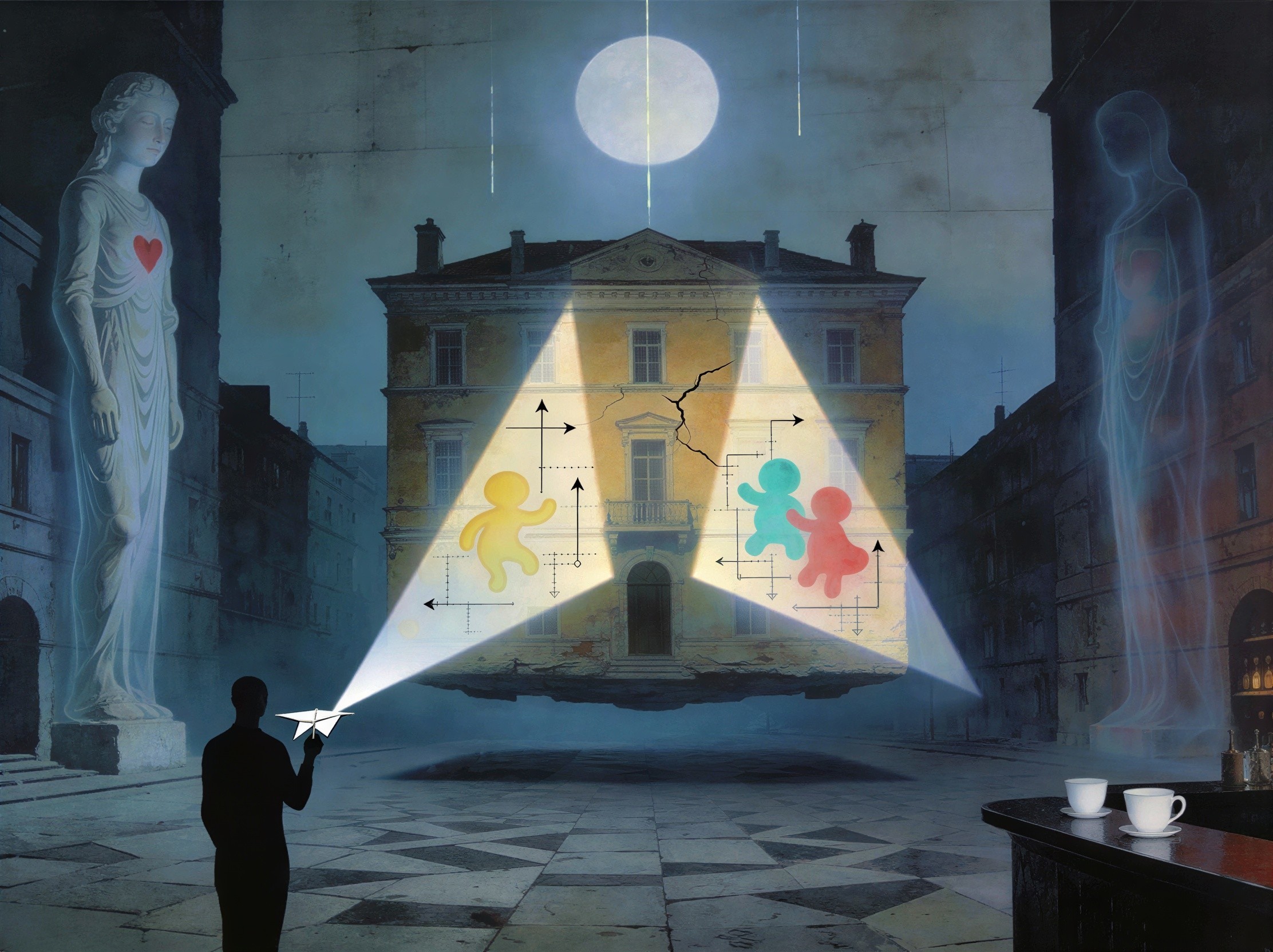 Surrealist Scene with Light, Statues, and Floating Building
