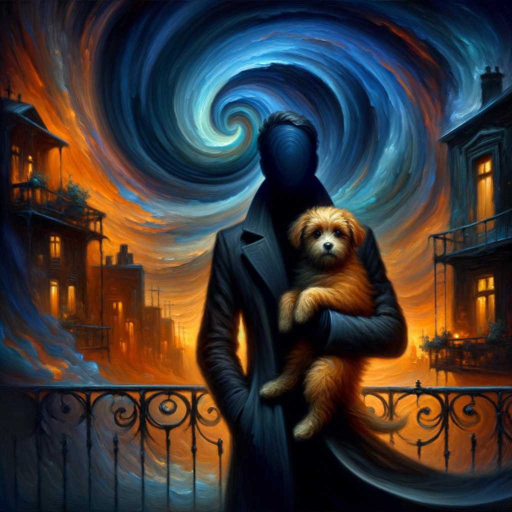 Shadowy Figure with Dog in Dreamlike Nightscape