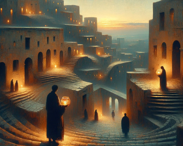 Surreal Twilight Landscape with Ancient Stone Buildings
