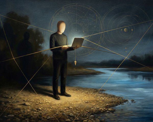 Dark Oil Painting of Faceless Figure by Calm River