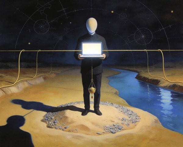 Surreal Painting of Faceless Figure with Glowing Laptop