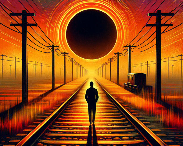 Silhouetted Figure on Railway Track During Solar Eclipse