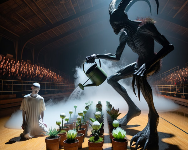 Horned Creature and Humanoid Tend to Plants in Mist