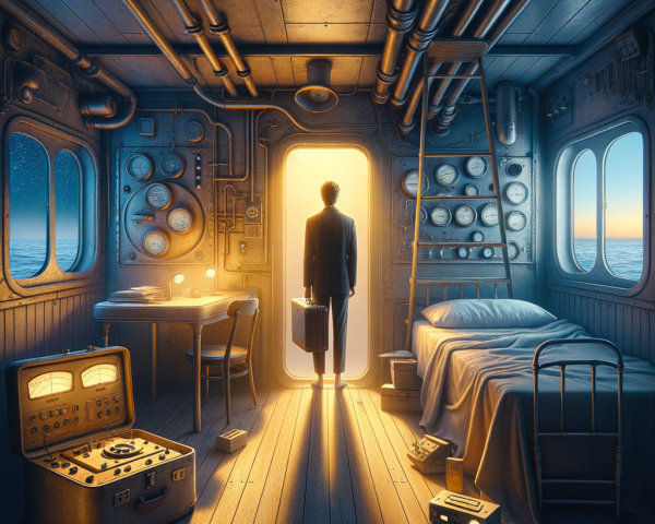 Solitary Figure at Open Door with Steampunk Elements