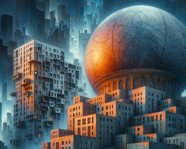 Futuristic cityscape with abstract buildings and dome