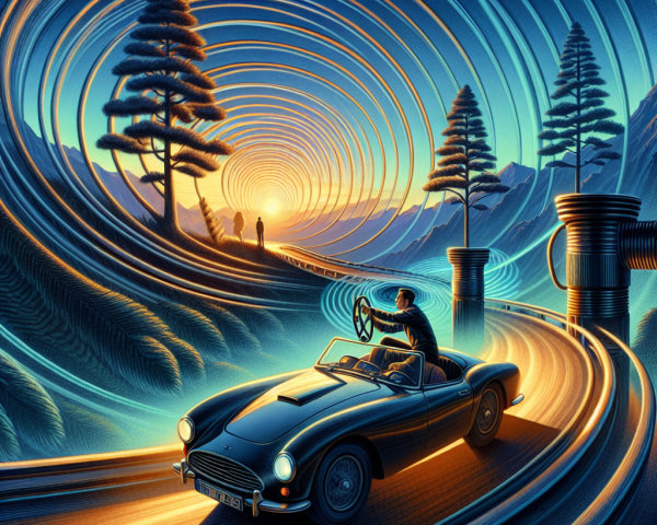 Black Convertible on Winding Road at Sunset