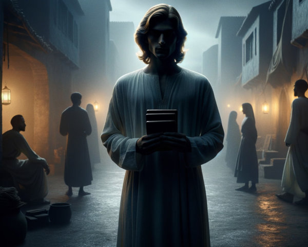 Ancient Marketplace with Figure in White Robe and Book
