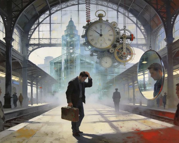 Man in Dark Suit on Desolate Train Platform Scene