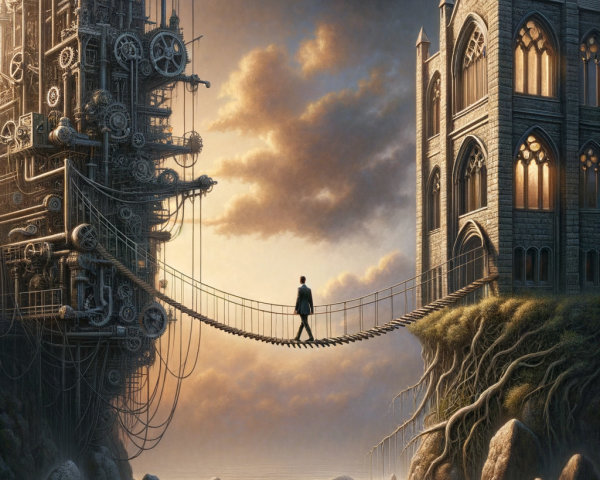Surreal Landscape with Steampunk and Gothic Structures