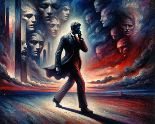 Solitary Figure in Surreal Landscape with Ghostly Faces