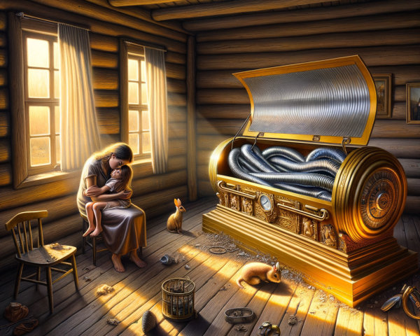 Cozy Cabin Scene with Mother and Child in Sunlight