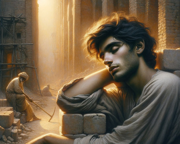 Serene Young Man in Ancient Courtyard Setting