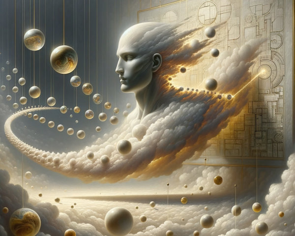 Surreal Scene of Ethereal Head and Celestial Spheres