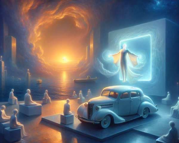 Surreal Landscape with Vintage Car and Abstract Figures