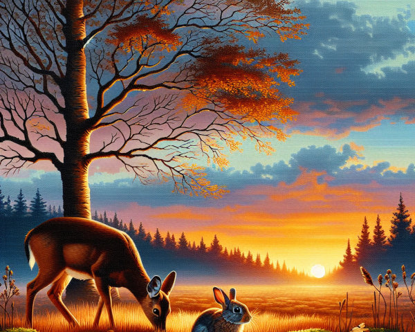 Sunset Landscape with Deer and Rabbit in Meadow