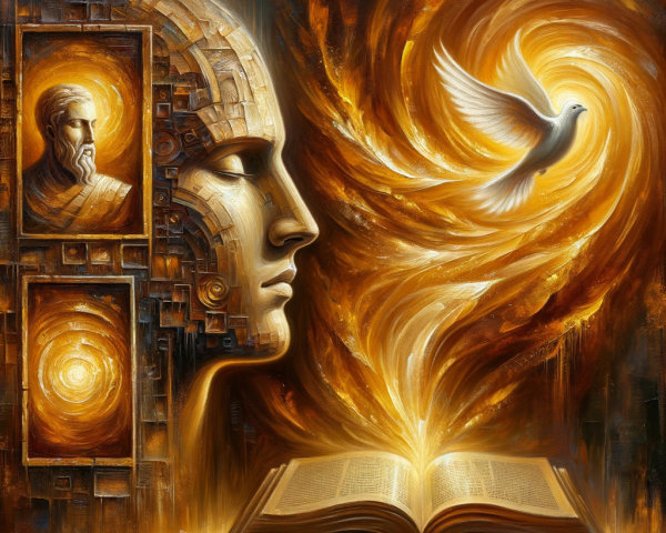 Sculpted Head and Portraits Symbolizing Wisdom and Freedom
