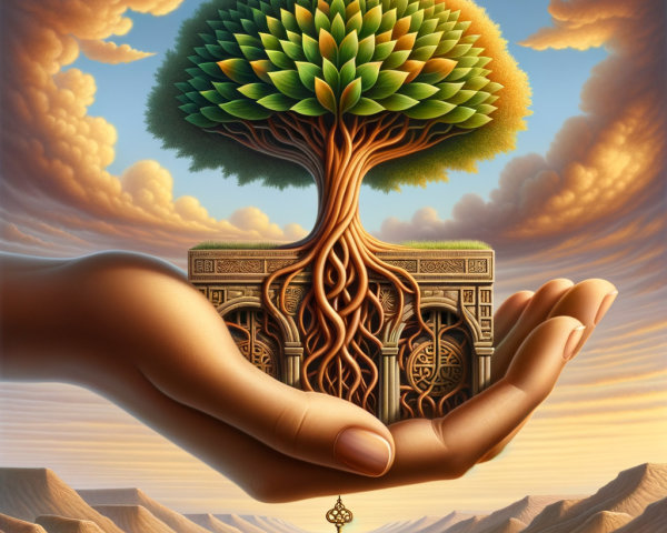 Giant Hand Cradles Box with Blooming Tree and Key