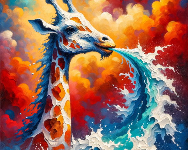 Surreal Painting of Giraffe Emerging from Ocean Wave