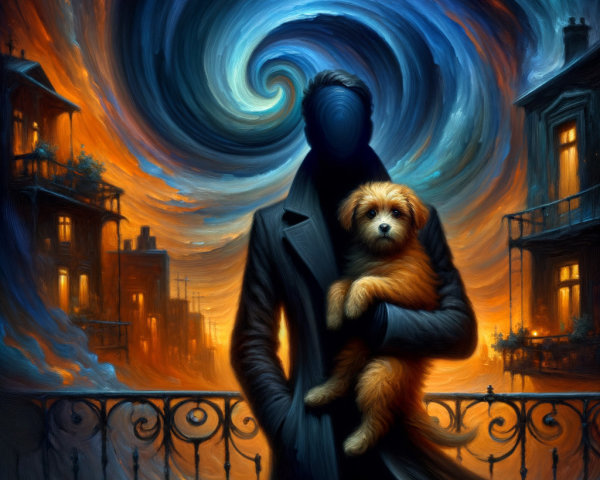 Shadowy Figure with Dog in Dreamlike Nightscape