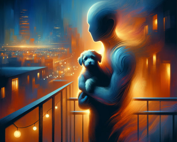 Ethereal Figure with Dog on Balcony at Night